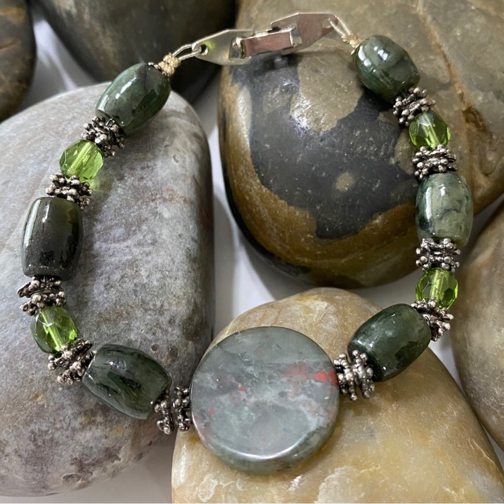 Artisan Green Jasper and Sterling Silver Stone Beaded Bracelet